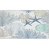 Yhtrg Beach Door Mat, Coastal Seashell Starfish Coral Doormat for Indoor Outdoor Entrance Porch, Blue Beachy Welcome Mats for