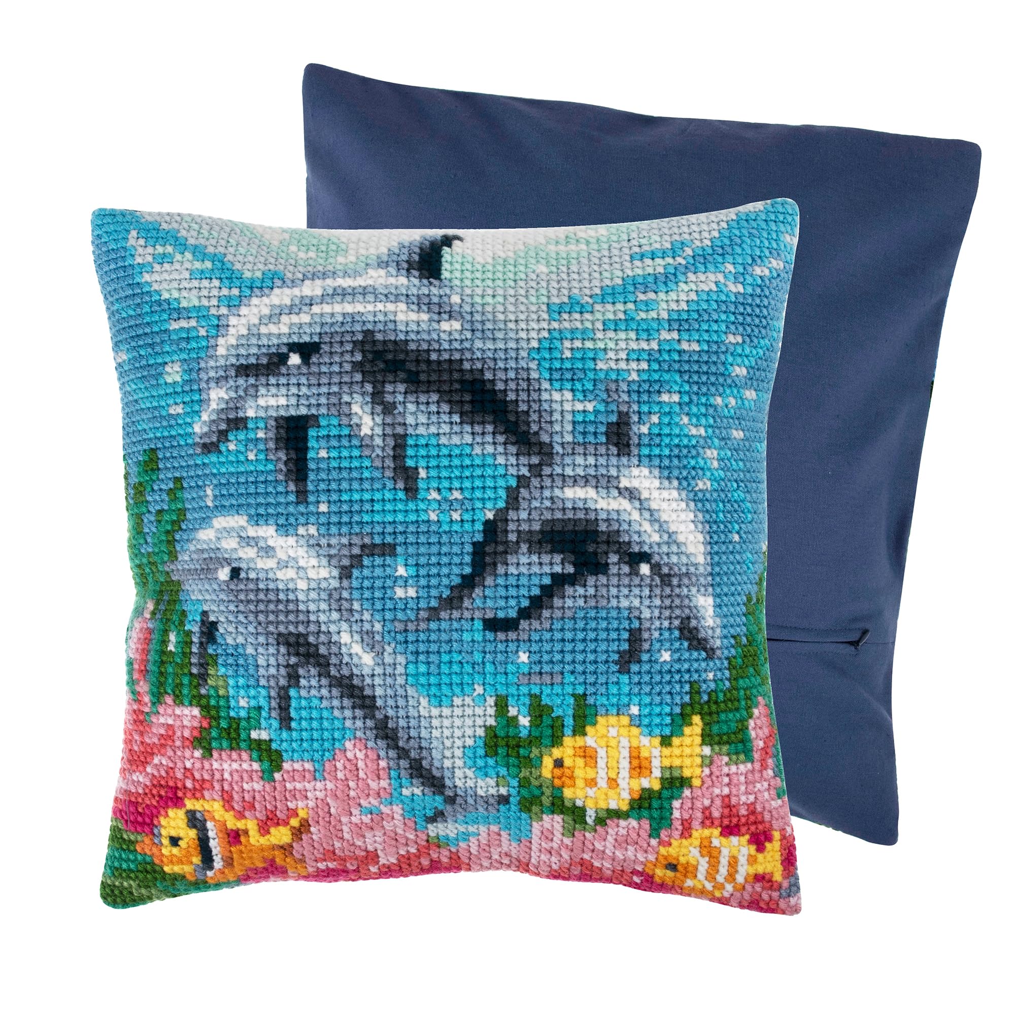 Trimits Cross Stitch Cushion Kit, Cushion Back Included, Pre Printed Canvas, Yarn and Needle Included 40 x 40cm (15.75 x 15.75in), Dolphins