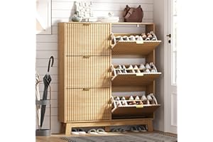 HUANLEGO Shoe Cabinet Storage for Entryway with 6 Flip Drawers, Fluted Narrow Shoe Organizer with Wooden Legs, Freestanding Slim Shoe Storage Hidden Shoe Rack Organizer for Front Door Entrance, Oak