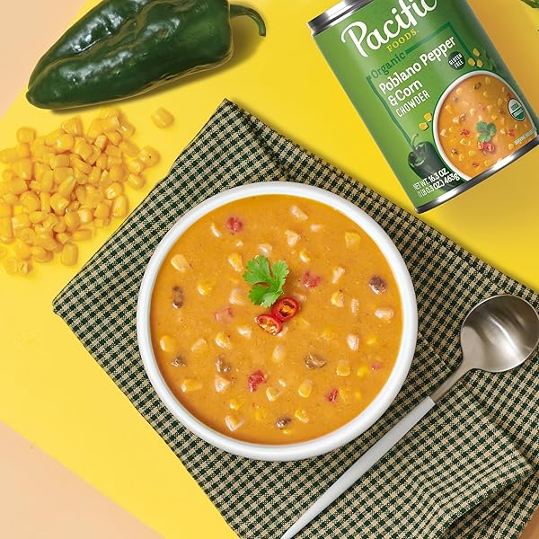 PACIFIC FOODS ORGANIC POBLANO PEPPER AND CORN CHOWDER, 16.3 OZ CAN