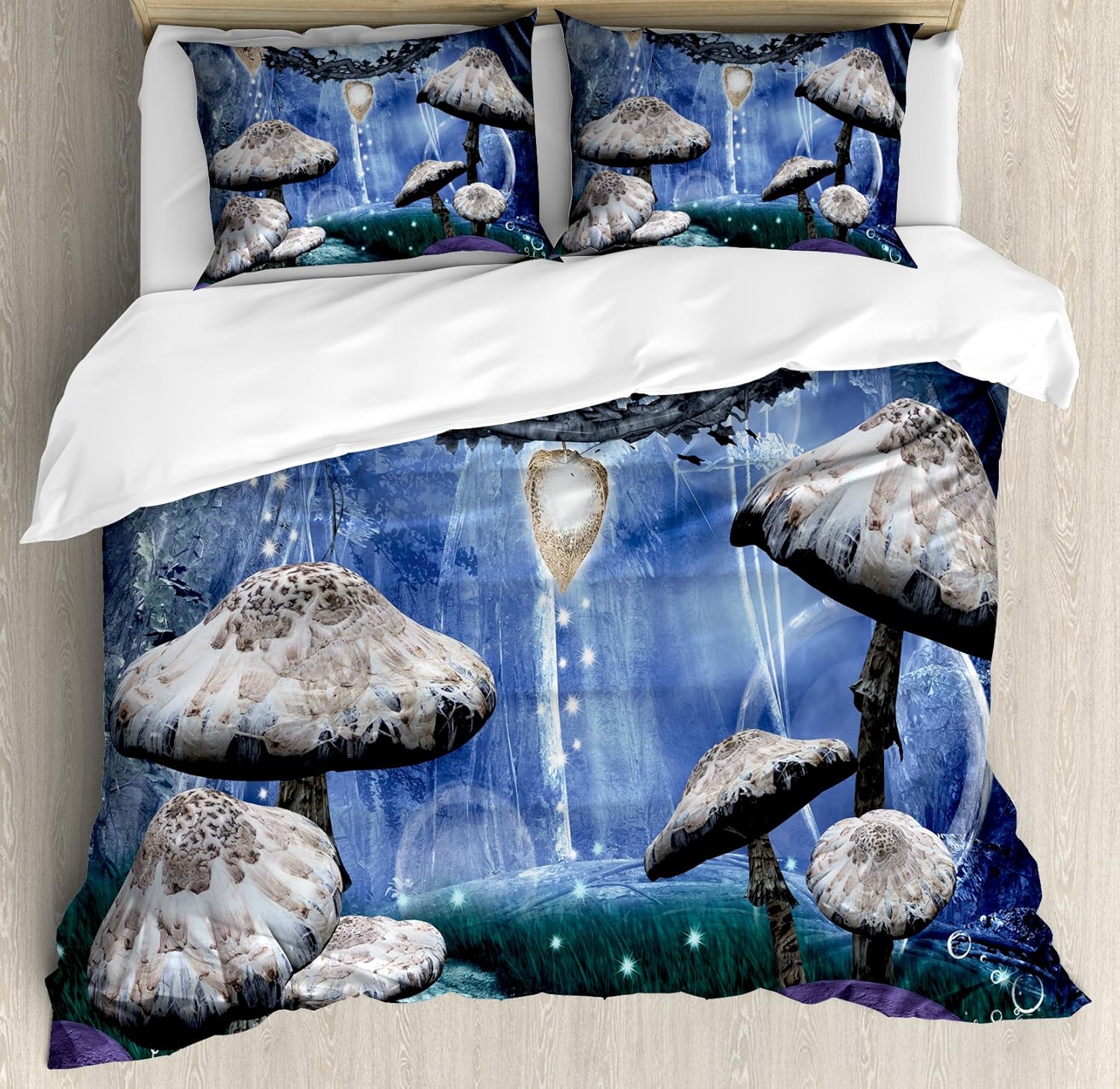 Ambesonne Trippy Duvet Cover Set, Abstract Dreamlike Forest Scenery at Night with Mushrooms Pixie Dust and Bubbles, Decorative 3 Piece Bedding Set with 2 Pillow Shams, Queen Size, Multicolor