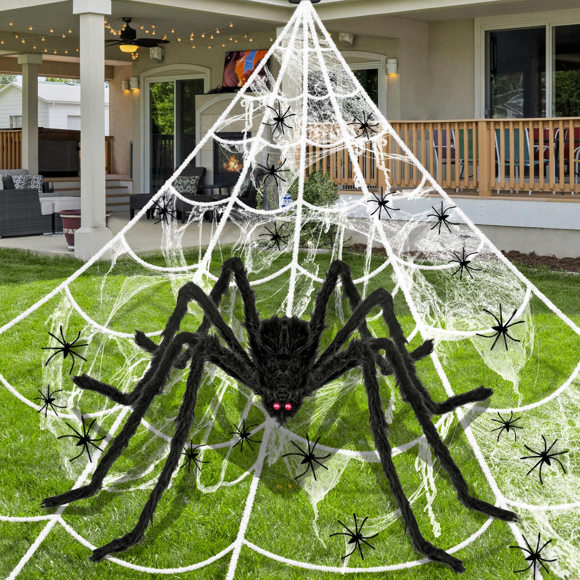 Photo 1 of Nirohee Giant Halloween Decorations Outdoor Set,197" Triangle Spider Web with 59" Giant Spiders,86 Sqft Stretchy Spider Web,20 Fake Spiders,Halloween Party Decorations for Yard Haunted House Decor