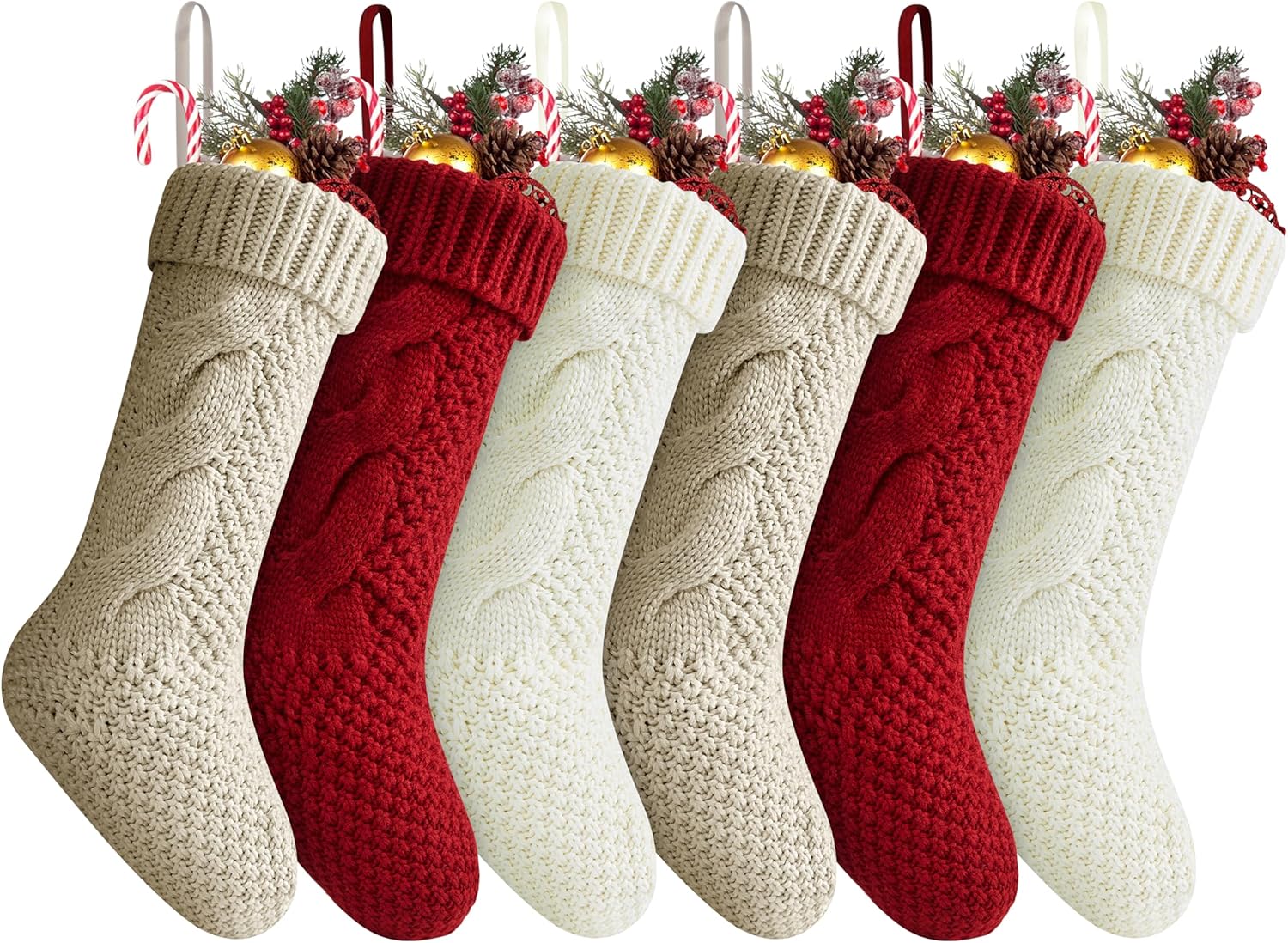 Stockings & Holders - Fesciory Christmas Stockings 6 Pack, 18 Inches Large Size Twist Knitted Stockings Gifts for Xmas Family Holiday Party Decorations, Burgundy&Ivory White&Khaki