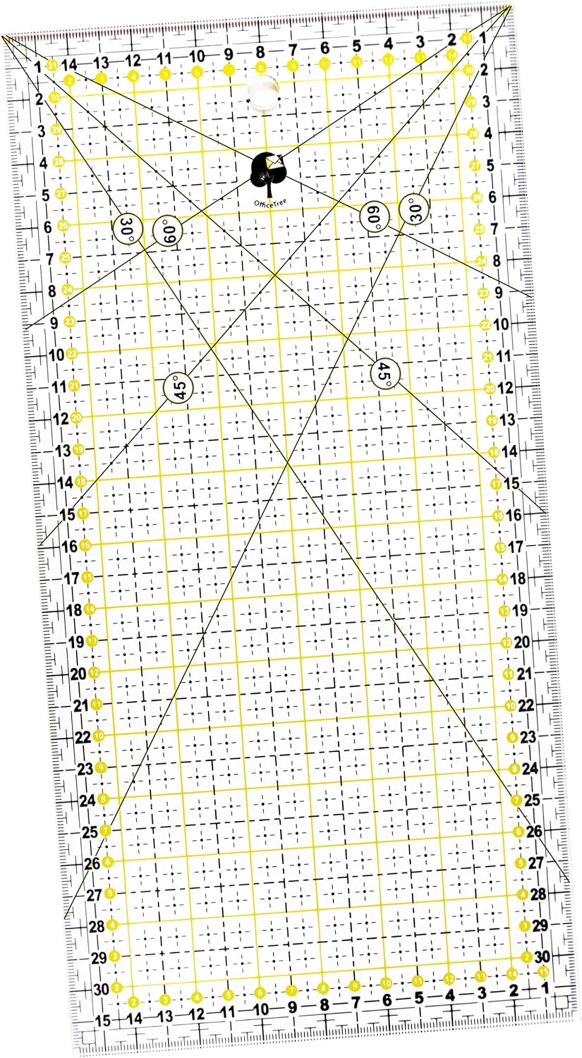 OfficeTree Schneiderlineal - 30x15 cm - Patchworklineal Lineal zum Nähen mit exakten Abmessungen und Zuschnitten