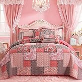 VAPUTAR Cotton King Size Quilt Bedding Sets, Pink King Bedspread Lightweight Quilted Reversible Coverlets Farmhouse 3 Pieces King Quilt Set Suitable for All Seasons Decoration