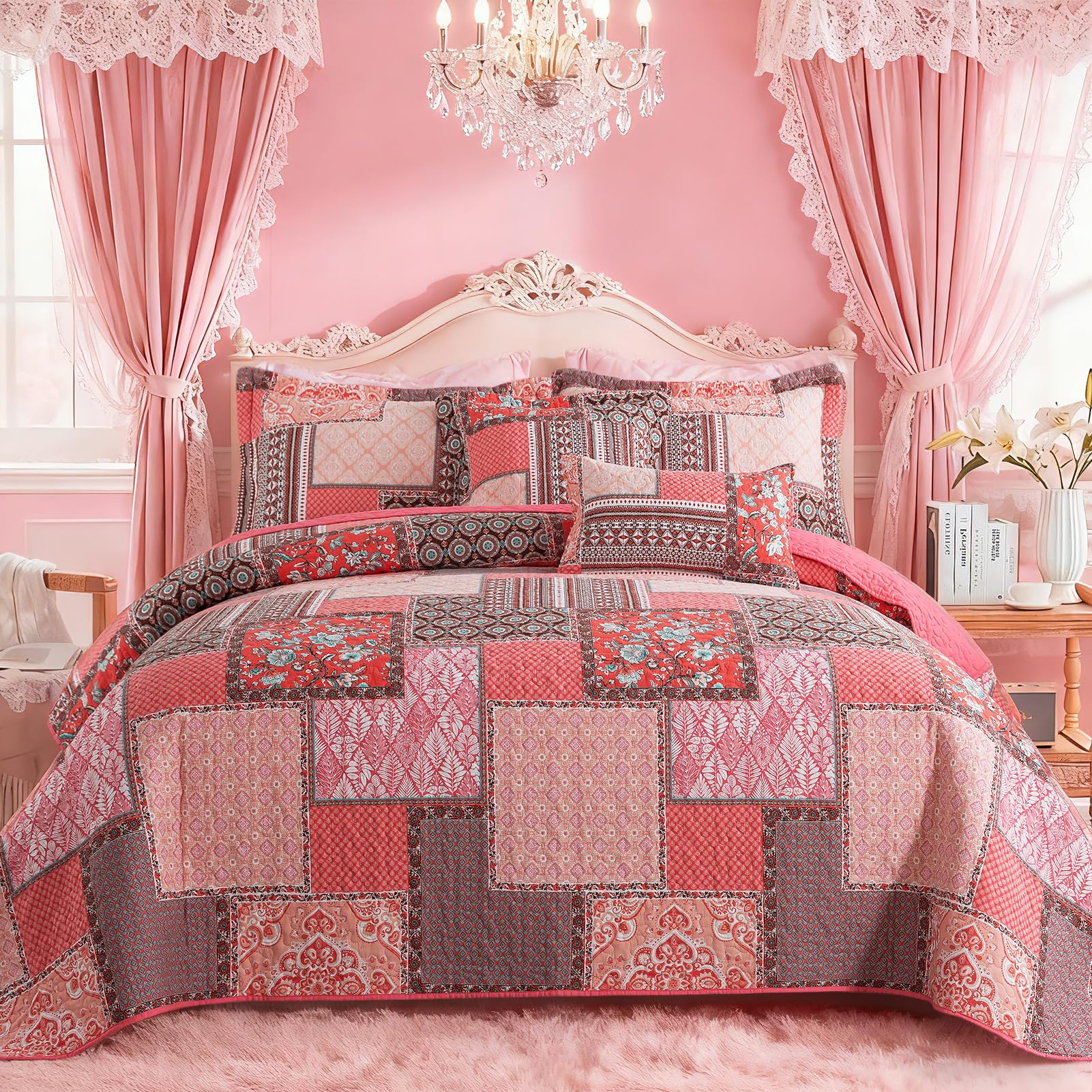 VAPUTAR Cotton King Size Quilt Bedding Sets, Pink King Bedspread Lightweight Quilted Reversible Coverlets Farmhouse 3 Pieces King Quilt Set Suitable for All Seasons Decoration Image