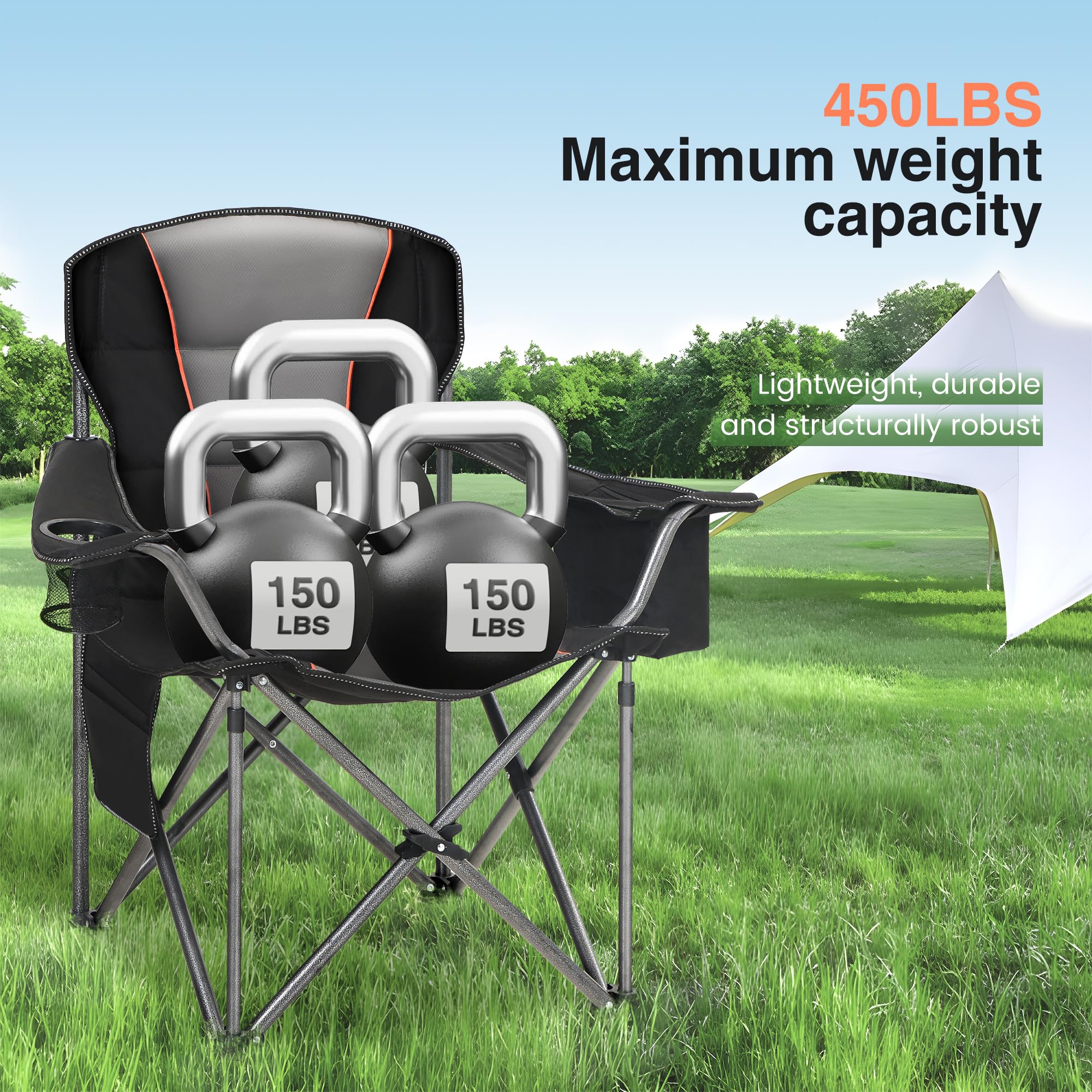 HIGH POINT SPORTS Campingstuhl Faltbar 200kg Klappstuhl Gepolstert mit Getränkehaltern Faltbarer Angelstuhl XXL mit Armlehnen, Schwarz 6