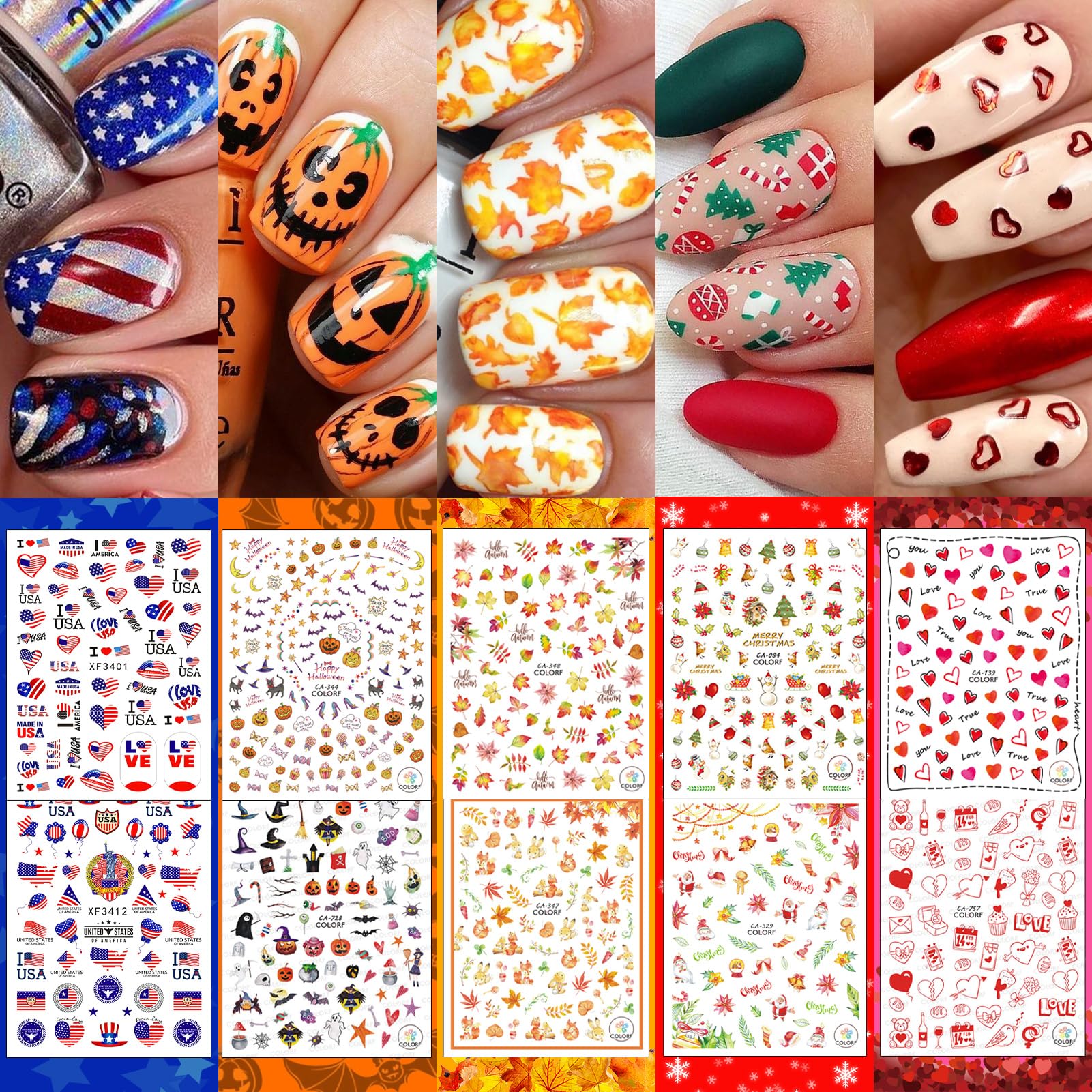 30 Sheets All Holiday Nail Stickers, Thanksgiving Independence Christmas Valentine's HalloweenDay Nail Art Decals Mixed All Season Set, Self-Adhesive Design Year-Round Manicure Decorations Supplies