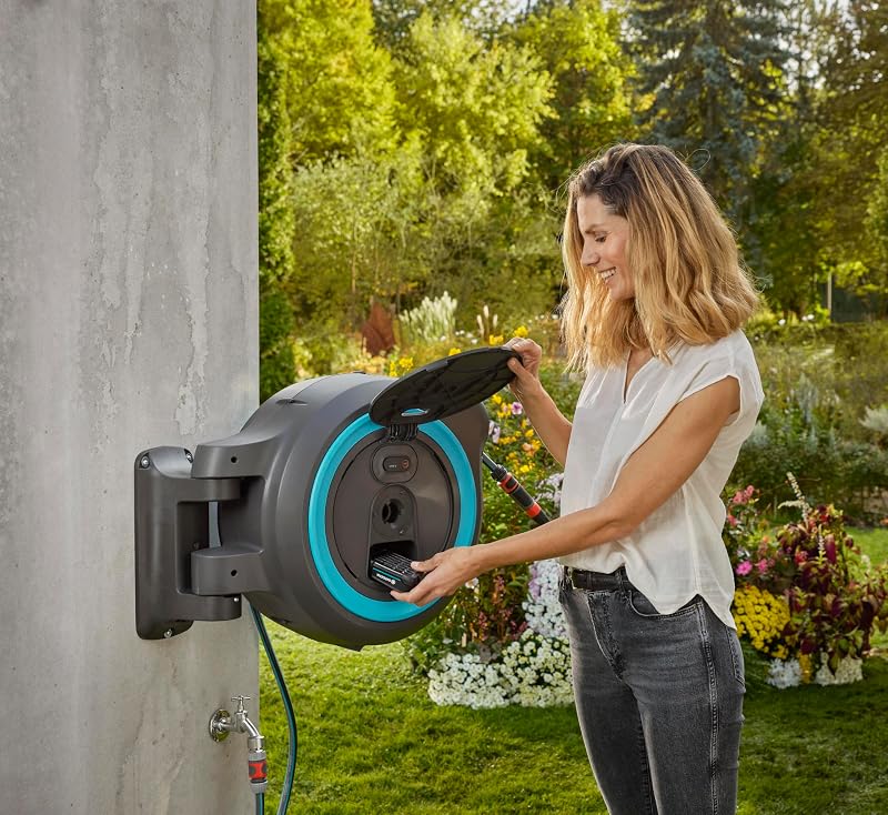 Conjunto Listo Para Usar Portamanguera de Pared con Batería PowerRoll XL: Portamanguera automático con manguera de 35 m, guía de manguera y RollControll, con batería (18640-20)