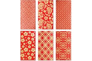 WINOO DESIGN Heavy Duty Chinese New Year Red Envelopes in Gold Foil, Red Pocket Envelopes Chinese Hong Bao Gift Lucky Money Envelopes, 6 Designs 18-Pack, 3.5 x 6.7 Inches (Gold)