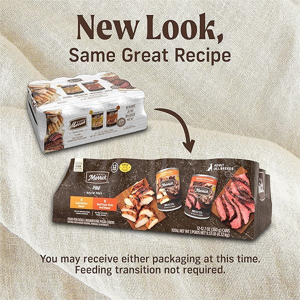 MERRICK GRAIN FREE PREMIUM AND NATURAL CANNED DOG FOOD, SOFT AND HEALTHY, REAL BEEF AND CHICKEN VARIETY PACK – (PACK OF 12) 9.5 LB. CANS