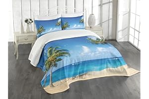 Lunarable Hawaiian Bedspread, Windy Exotic Island Tropical Trees Calm Beachy Theme Ocean Photography Print, Decorative Quilted 3 Piece Coverlet Set with 2 Pillow Shams, King Size, Green Gray