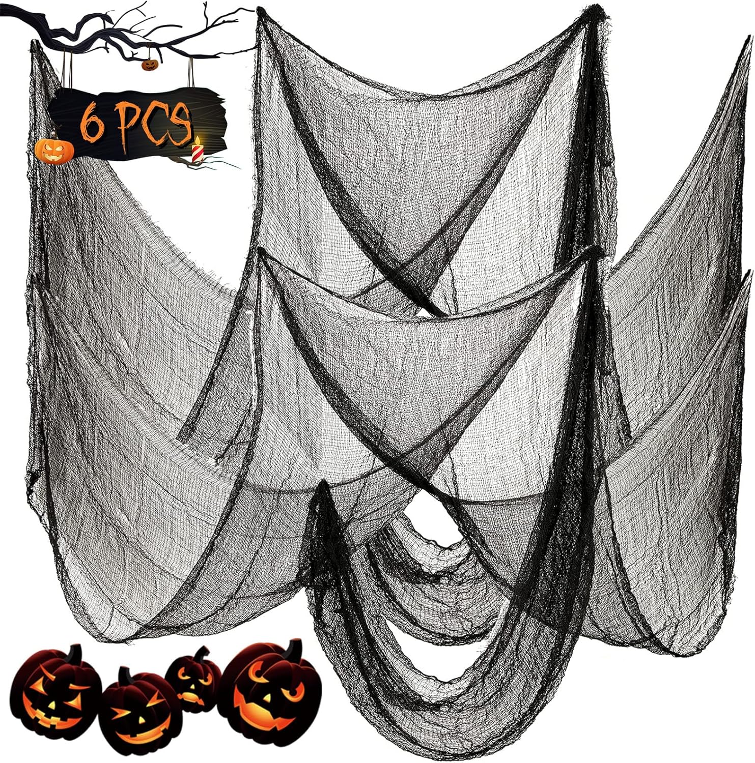 Outdoor Holiday Decorations - 6 Pack Black Halloween Decorations Creepy Cloth Indoor Outdoor(30 x 72 Inch),Halloween Fabric Spooky Scary Gauze for Halloween Party Supplies Home Tree Wall Doorway Yard Skeleton Decor