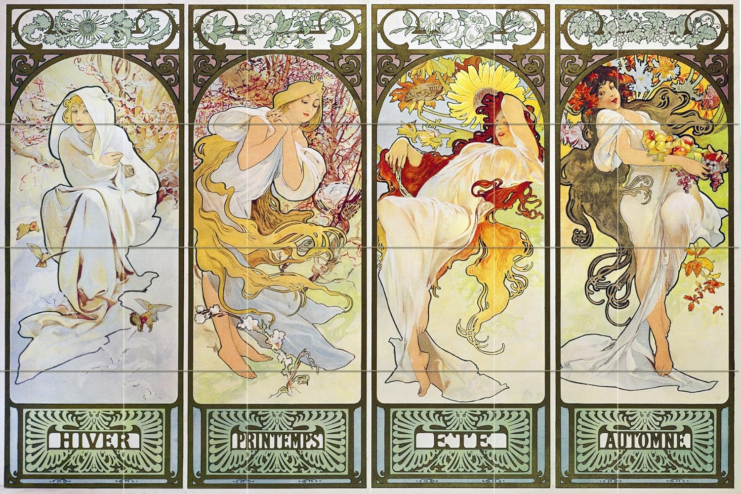 Poster girl four-season frame A. Mucha Tile Mural Backsplash Art Marble Ceramic - Picture 31 of 41
