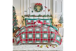 Flysheep Christmas Quilt Set 2 Pieces Twin, Red Green White Plaid Reversible Design Bedspread Coverlet Set, Soft Microfiber Lightweight Bed Cover for Kids (68" x 86", 1 Quilt+ 1 Pillow Sham)