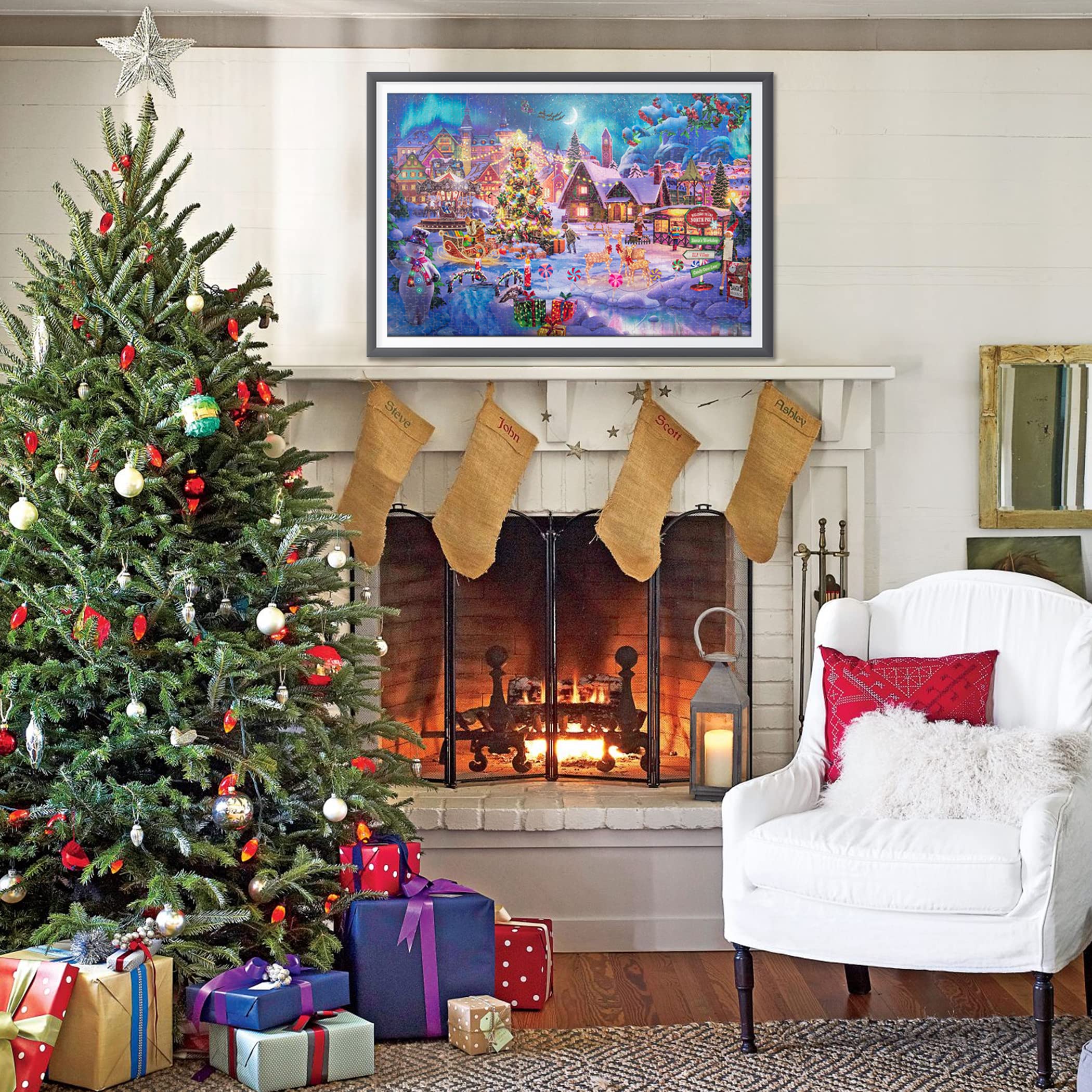 Lavievert Wooden Jigsaw Puzzle 1000 Piece Puzzle for Adults - Christmas Tree, Snowman, Milu Deer & Presents on Snowy Christmas Eve