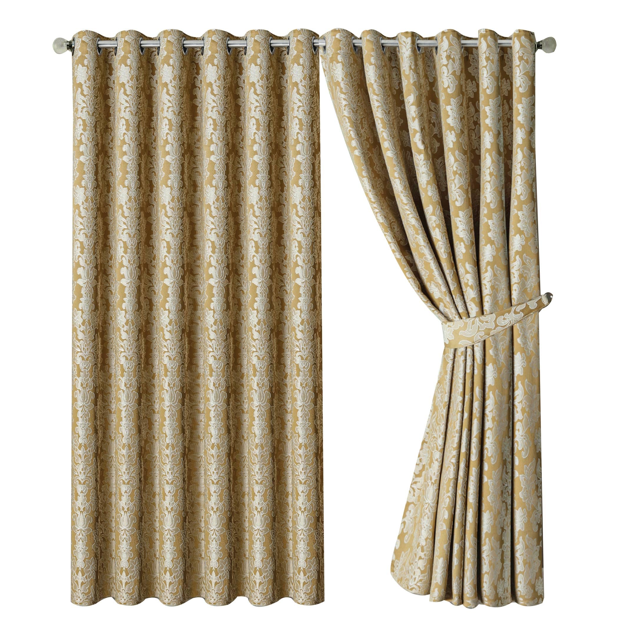 OpulentDreams Jacquard Curtains - Heavy Ring Top Window Curtains for Bedroom & Living Room - Fully Lined - Includes Two Tie Backs - Pair of Panels (Gold - Eyelet, 66" x 72" (167 x 183 cm))
