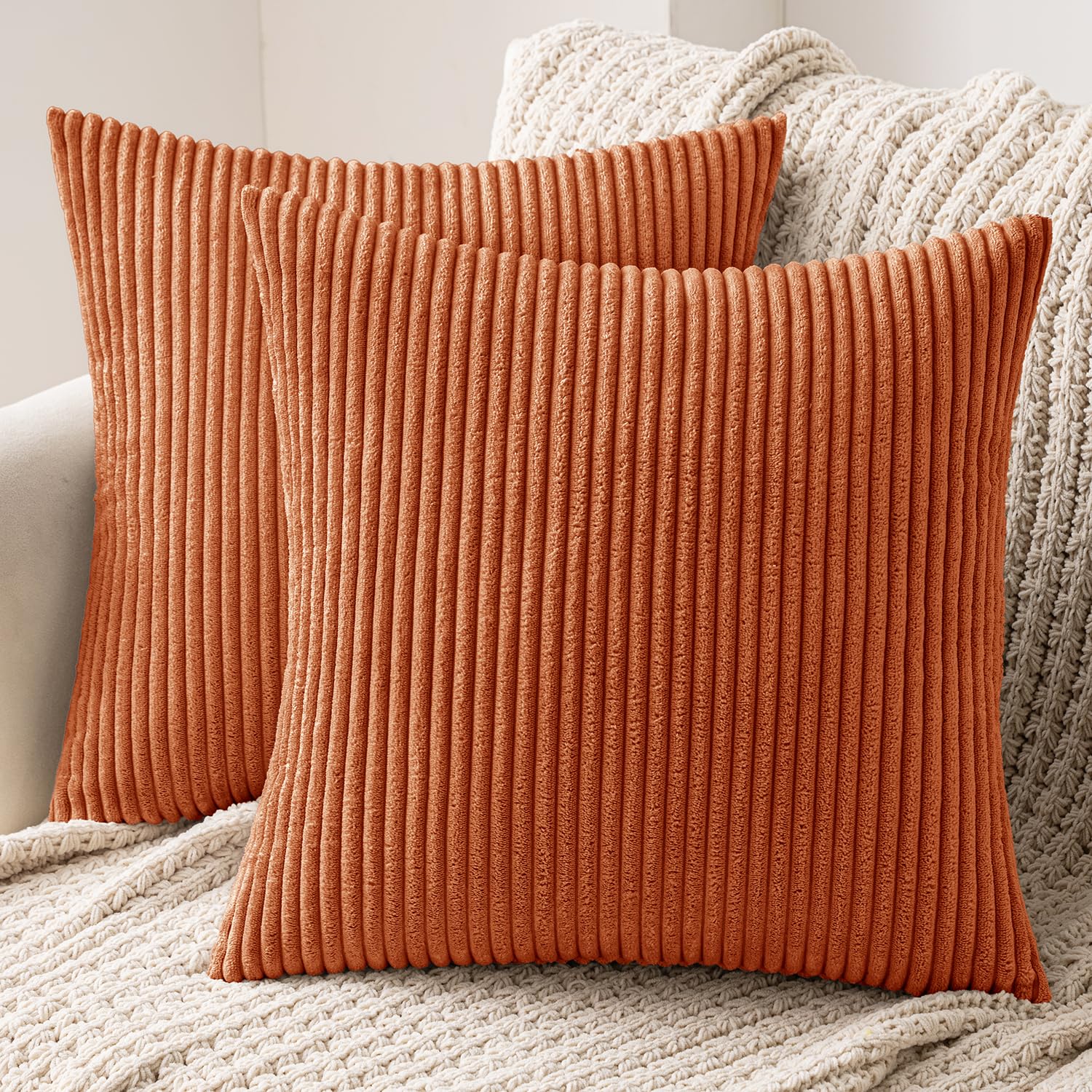 MIULEE Set of 2 Striped Corduroy Square Throw Pillow Case Soft Cushion Cover Sham Home for Sofa Chair Couch/Bedroom Decorative Fluffy Large Pillowcases 20x20 Inch 50x50cm Caramel — image 1