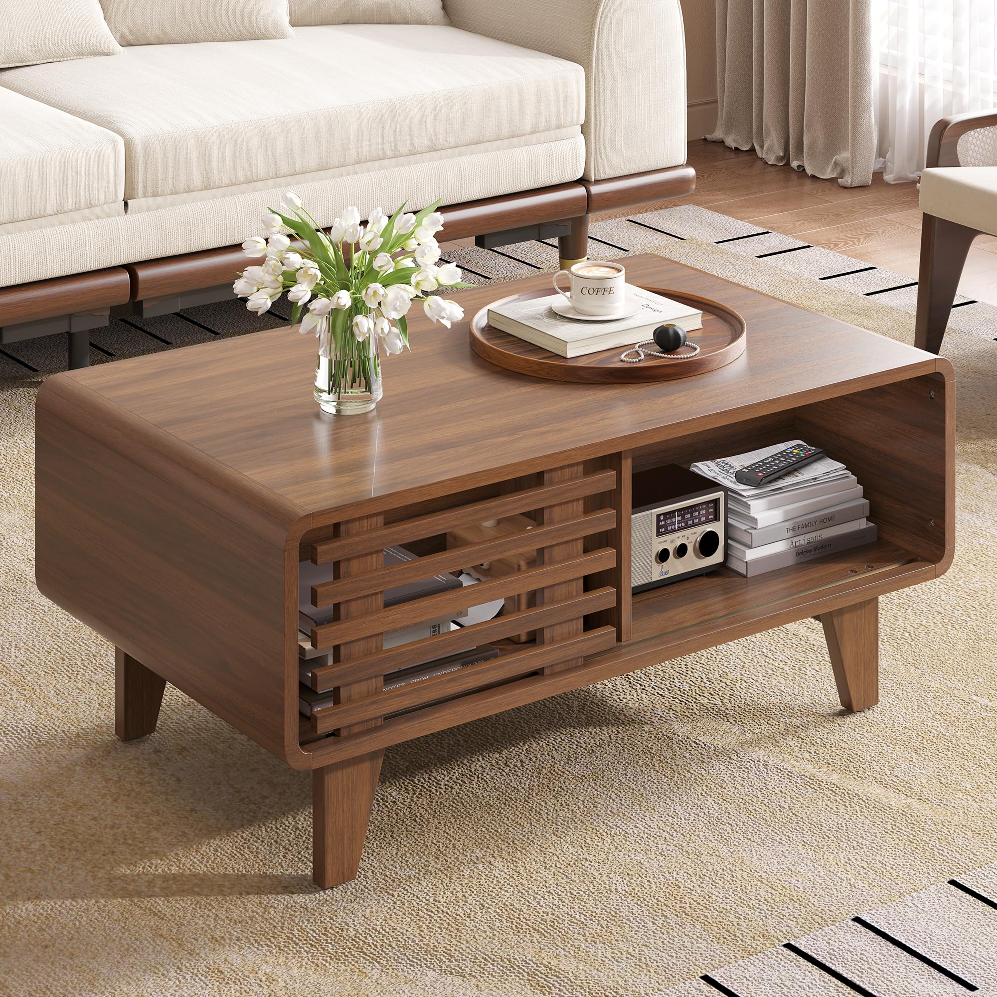 Photo inspiration: Minimalist Coffee Table Simple Scandinavian Reference: Luoxiao Wood Farmhouse Coffee Table With Storage Sliding Door