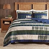 WOOLRICH Spruce Hill Reversible Quilt Set - Cottage Styling Reversed to Solid Color, All Season Lightweight Coverlet, Cozy Bedding Layer, Matching Shams, Oversized King/Cal King, Stripes Green 3 Piece