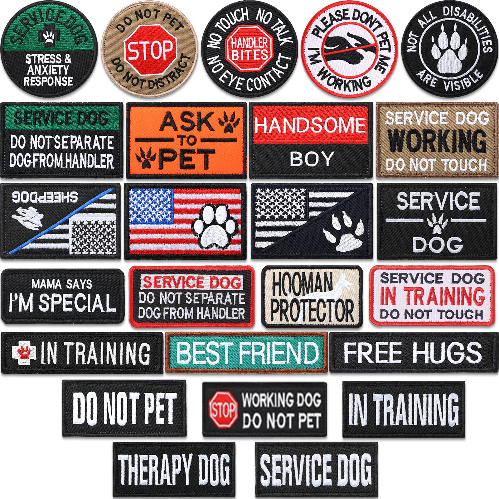 Photo 1 of 25 Pack Service Dog Patches Tactical Dog for Harness Patches Embroidery Do Not Pet Vest Patches in Training American Flag Patch Removable Tactical Patches Collar Leash