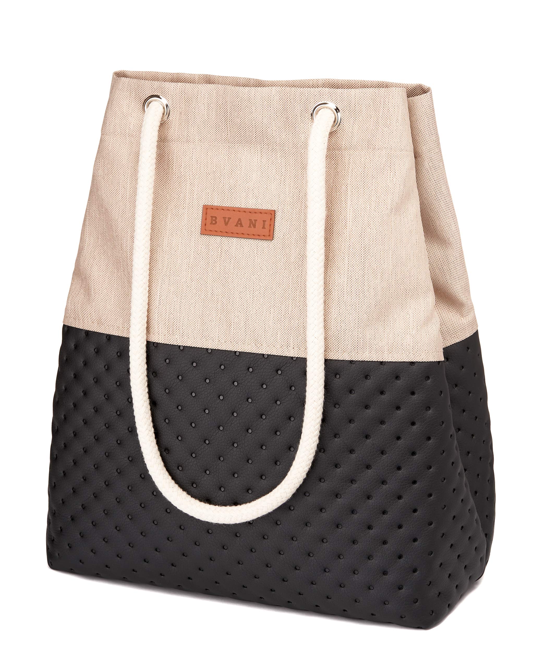 Bvani Large Canvas Tote Bag for Women with Pockets for School Work and Shopping (Tolie Ecru Dots)