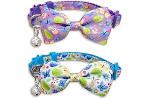 MIIEMIU 2 Pack Easter Day Cat Collar with Bow Tie, Holiday Spring Flowers Collar for Boys and Girls Male Female Kitty Kittens