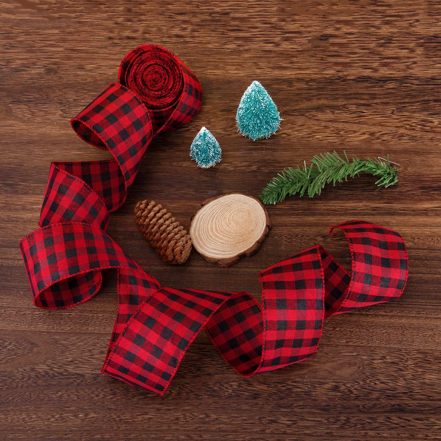 LUTER 2.36 Inch Red and Black Plaid Burlap Wired Ribbon, Buffalo Plaid Wrapping Ribbon for Christmas Ornaments Wedding - Image 5