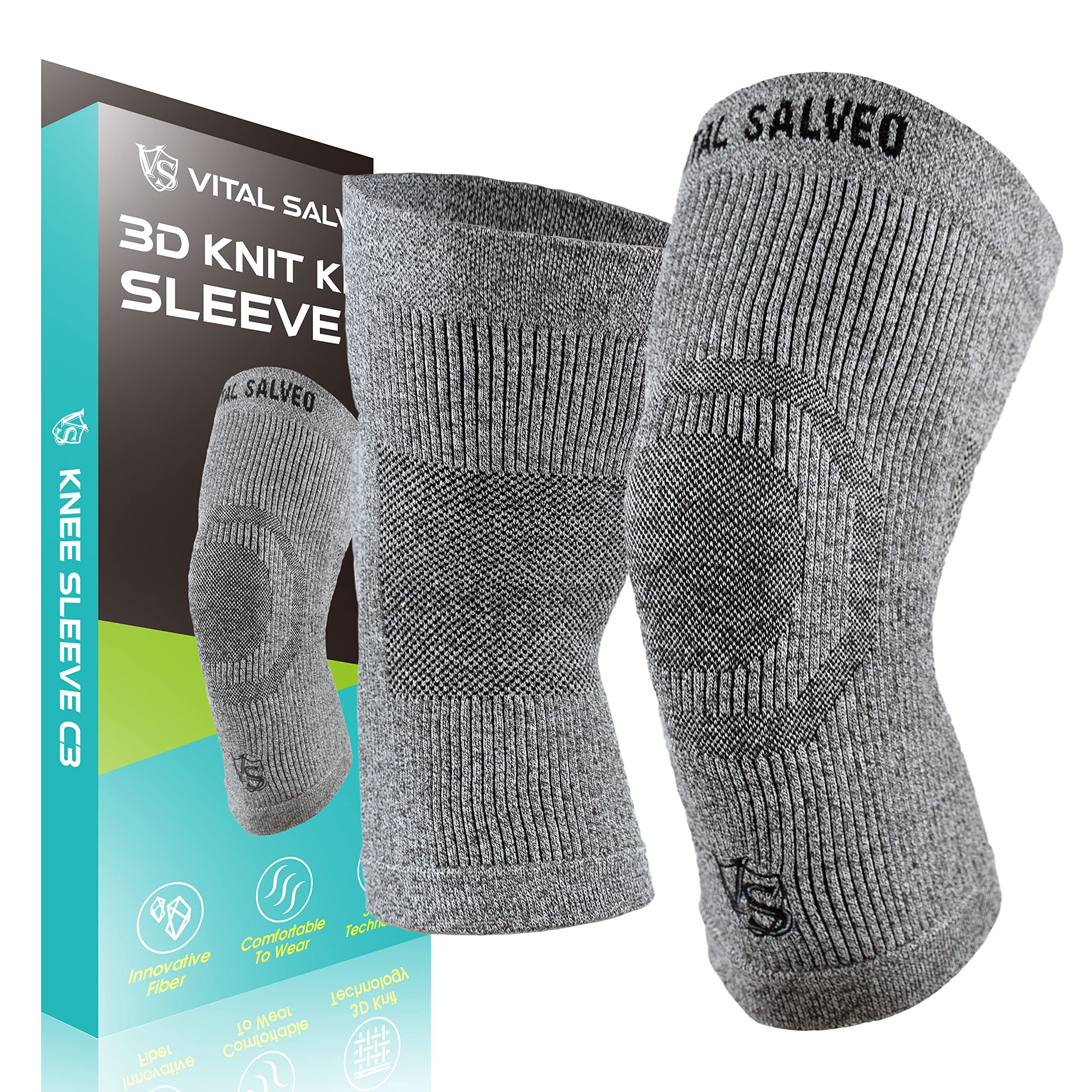 Vital Salveo Knee Sleeve-Knee Brace C3-COMFORT for Joint Pain Relief, Germanium and Charcoal Yarn Circulation For Men and Women (1 Pair)-XX-Large