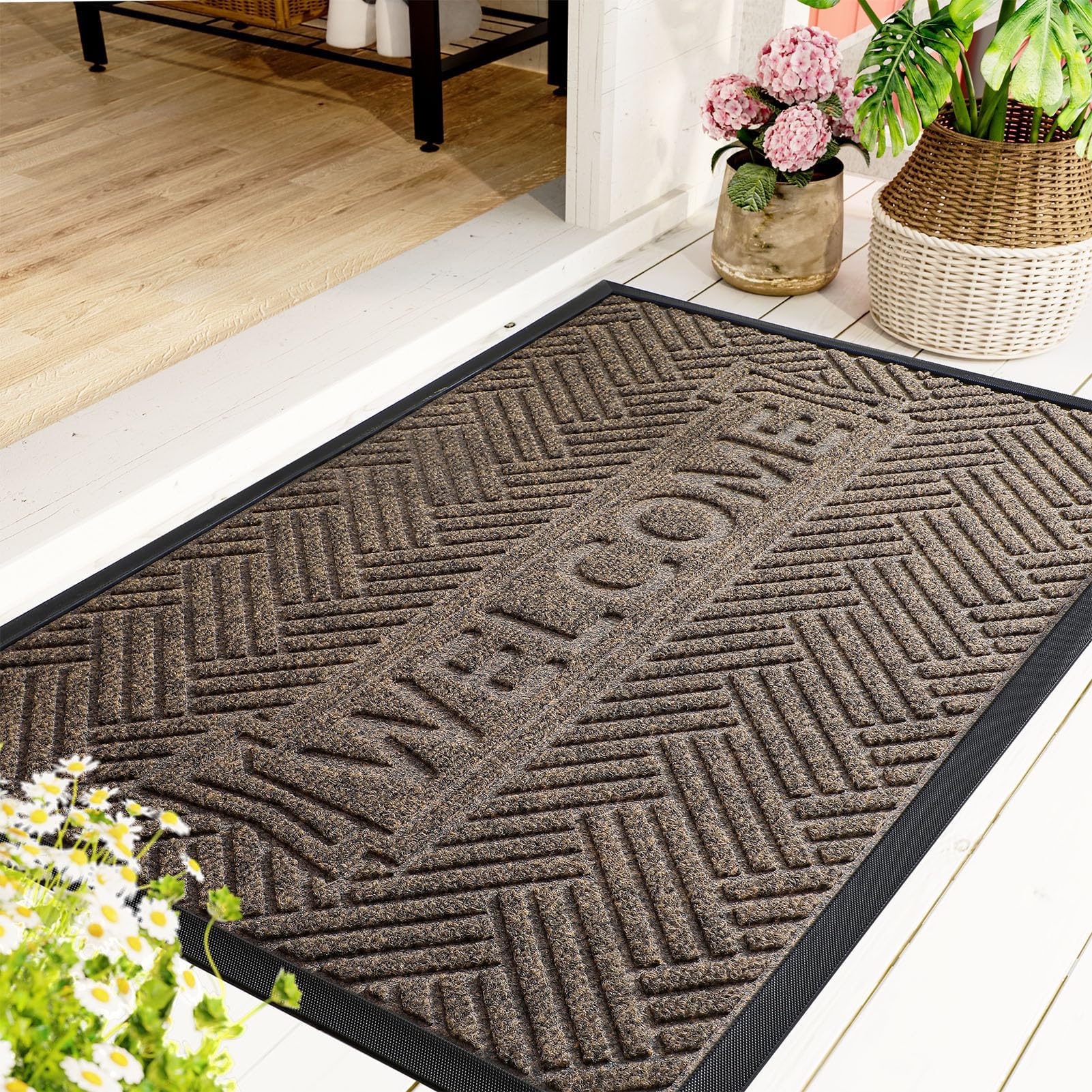 Mibao Front Door Mat Outside Entrance, Durable Outdoor Indoor Mat, Low Profile Heavy Duty Doormat, Non-Slip, Traps Dirt and Moisture, Easy Clean Patio Porch Entryway Mat, 47" x 32", Brown Image