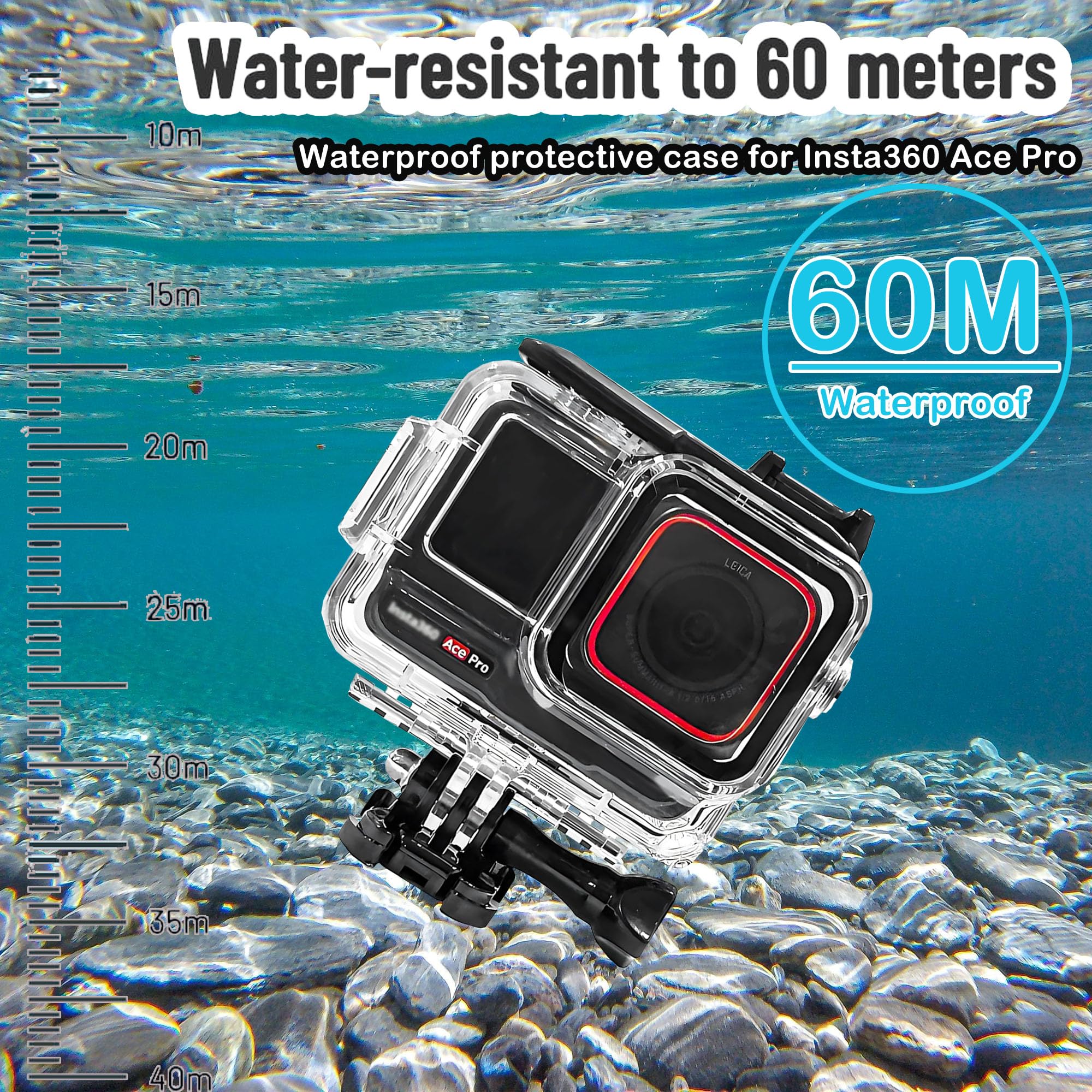PCTC 60M(197ft) Waterproof Case for Insta360 Ace Pro, Accessories for Insta 360 Ace Pro Waterproof Case,Protective Underwater Dive Housing Shell with Bracket Accessories