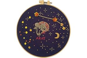 mozhijing Constellation Embroidery Kit for Adults with Stamped Pattern, Round Beads for Embroidery DIY Crafting,Cross Stitch Beginner Kits with Frame,Aries Embroidery Kit.