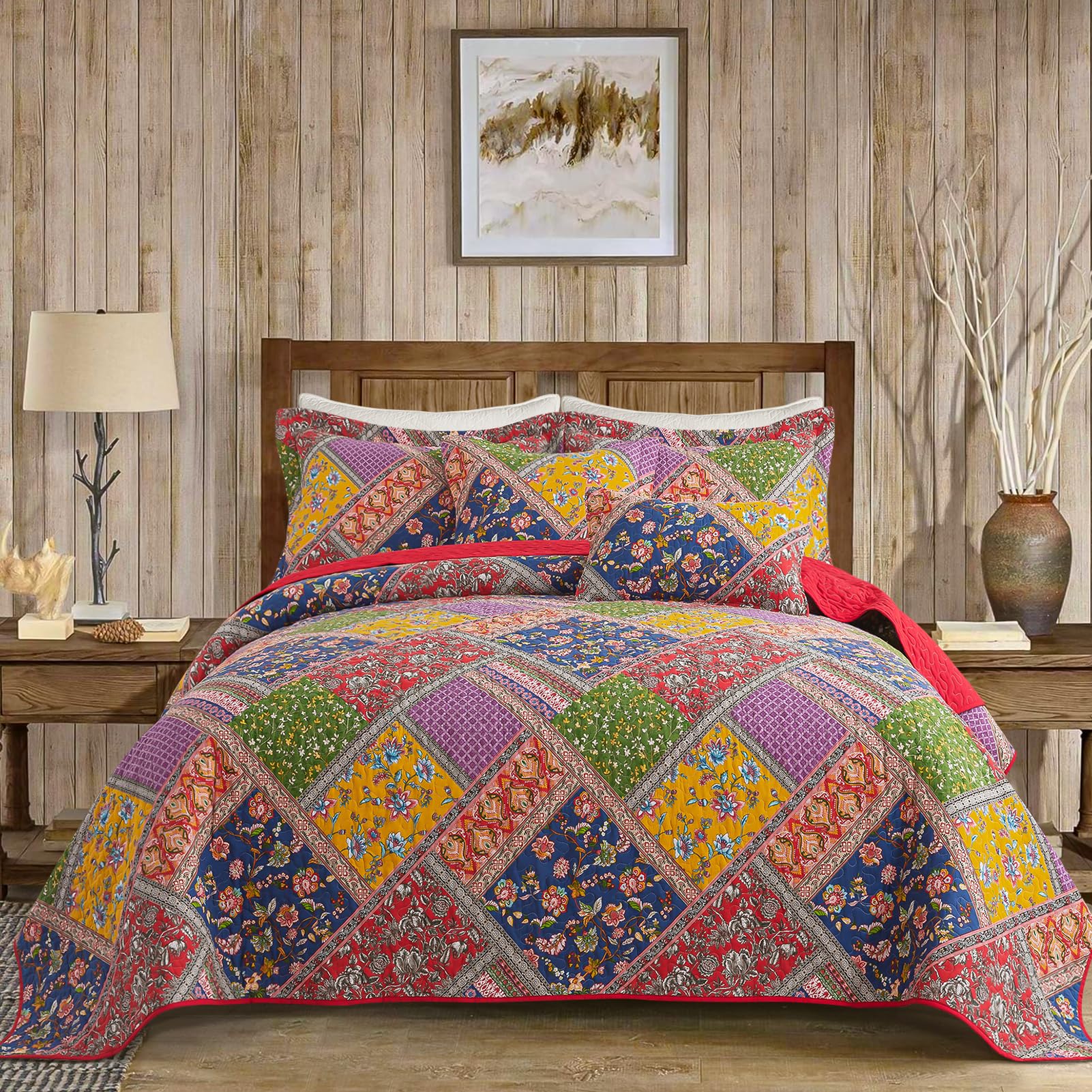 Photo 1 of VAPUTAR Cotton Quilt Queen Size Set, Quilted Bedspread Coverlet (90 * 98 Inch) with 2 Pillowcovers, 3 Pieces Lightweight Farmhouse Style with Patchwork Design Queen Quilt Bedding Set for All Season