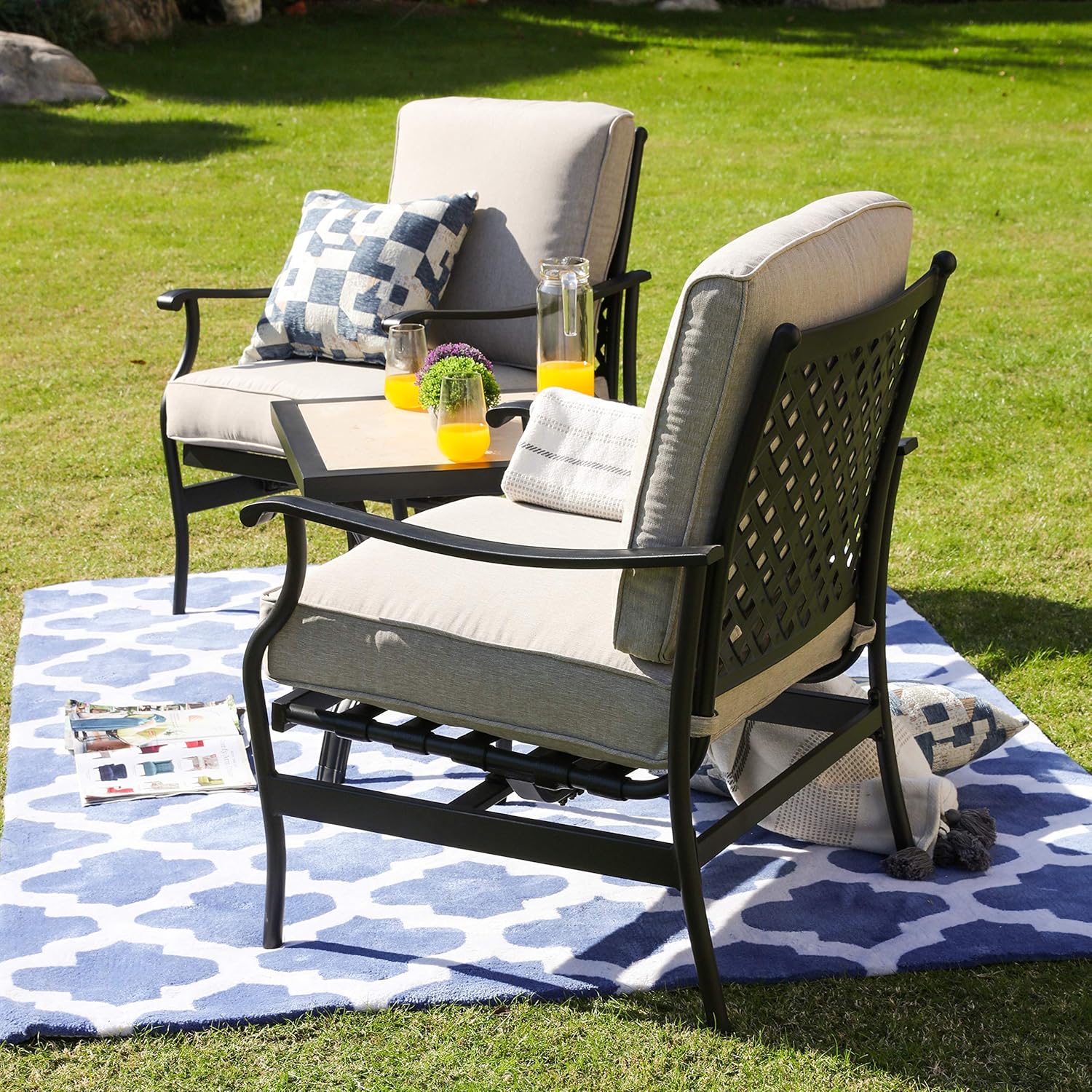LOKATSE HOME 3 Pcs Outdoor Conversation Furniture Patio Bistro Set Modern Metal Chair with Cushion & Square Coffee Table, Beige : Garden & Outdoor