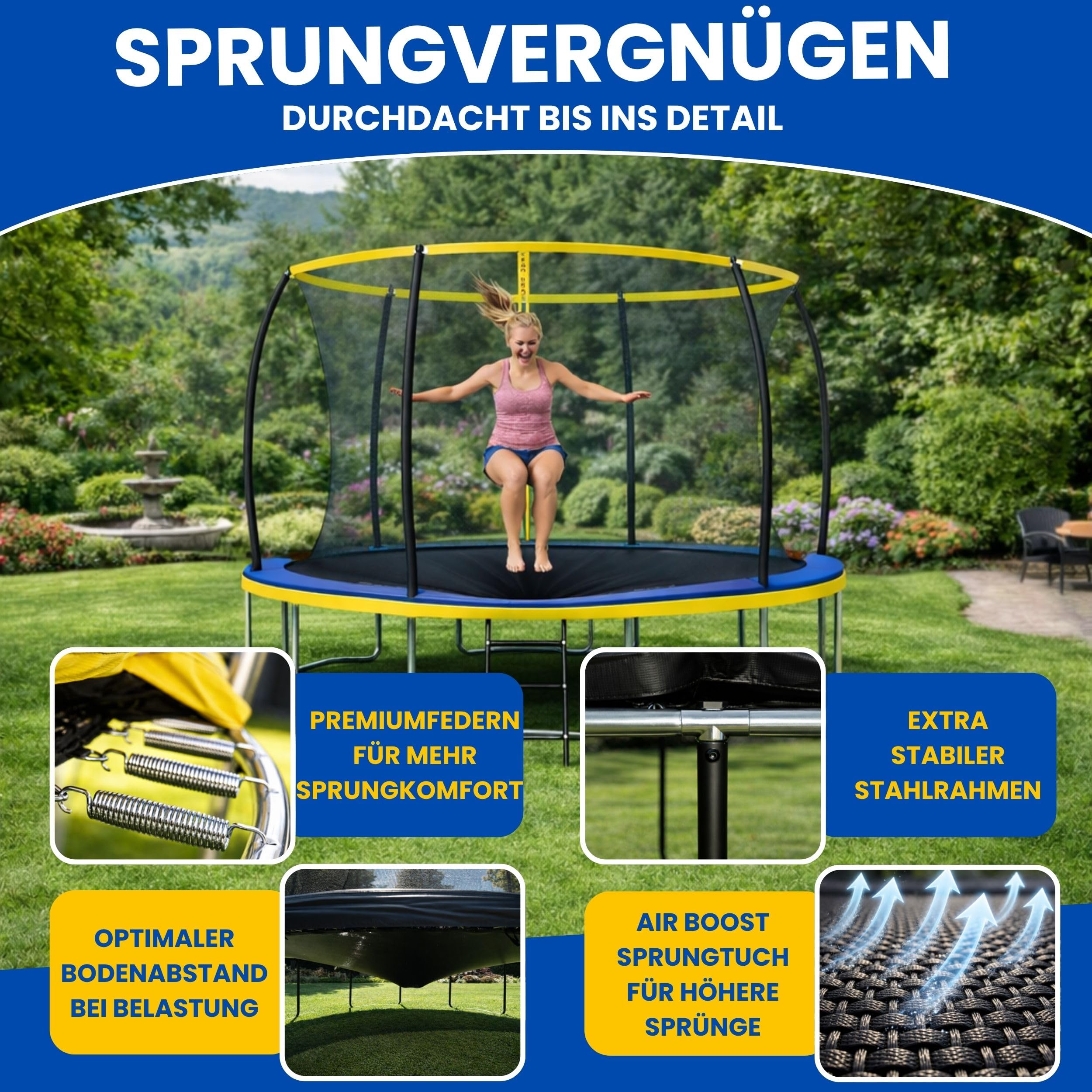 Zero Gravity Trampolin Outdoor Ø 183/244/305/366/427 cm, TÜV GS, Smartes Klappnetz für schnellen Auf- und Abbau, Outdoor Trampolin Komplett-Set inkl. Leiter, Aufbauvideo, Ultima 4 5