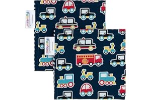 FUN KINS Funkins Reusable Cloth Napkins for Kids | 12”x12”, 2-Ply, Thick, Absorbent, Durable | Machine Washable | Name Tag | Soft Cotton Fabric | Great for School Lunchboxes | Set of 2 Napkins (Transportation)