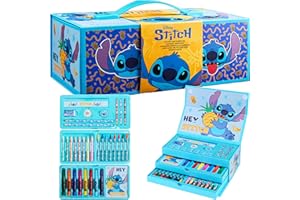 Disney Stitch Kids Colored Pencils Drawing Kit Art Set for Girls Boys Stationery with Notepad Crayons Markers Travel Case Gifts for Kids (Blue Stitch)
