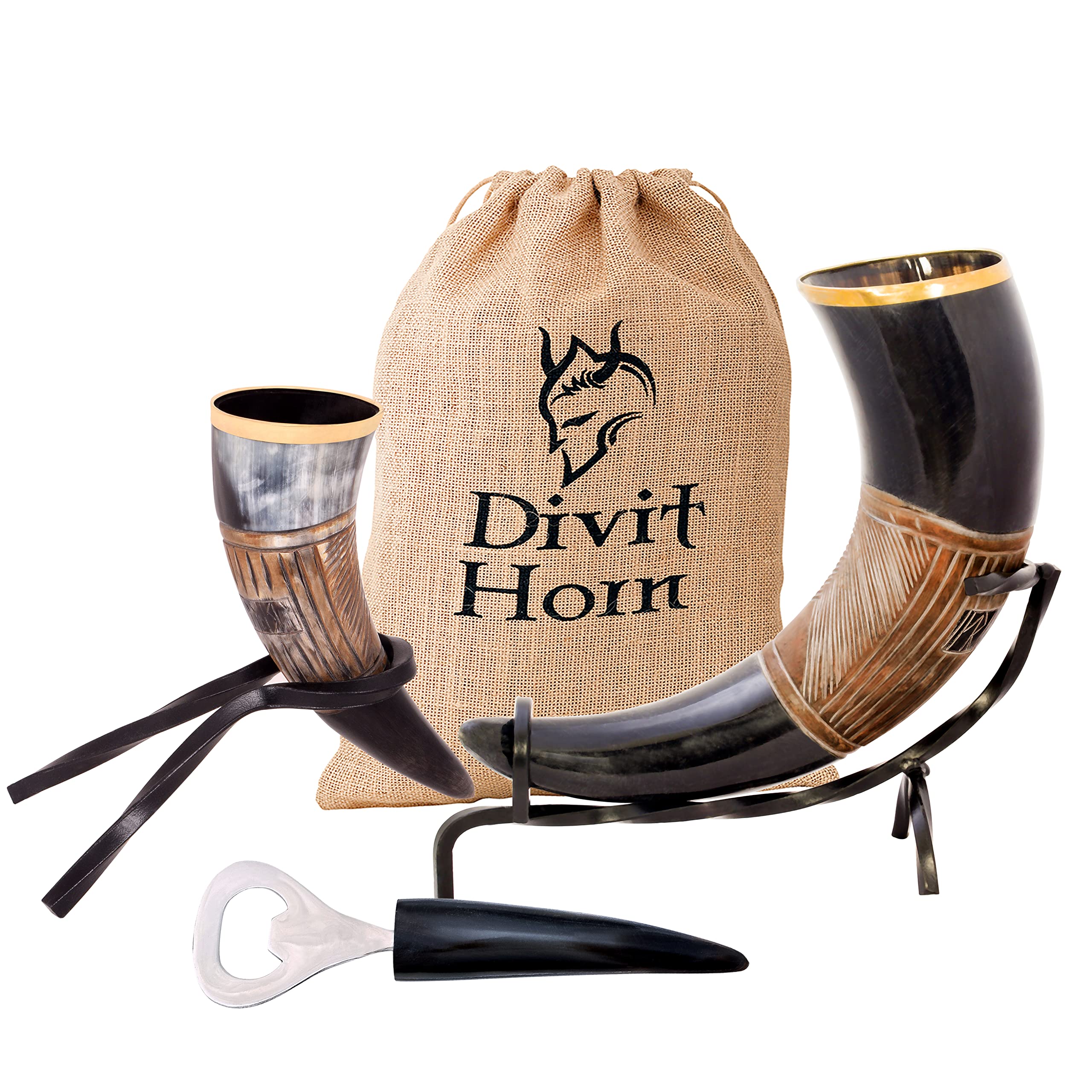 Divit Horn Genuine Viking Drinking Horn Set | Medieval Tankard & Shot Glass | Bottle Opener | Burlap Gift Sack Included. (16 oz, Jarl, Polished)