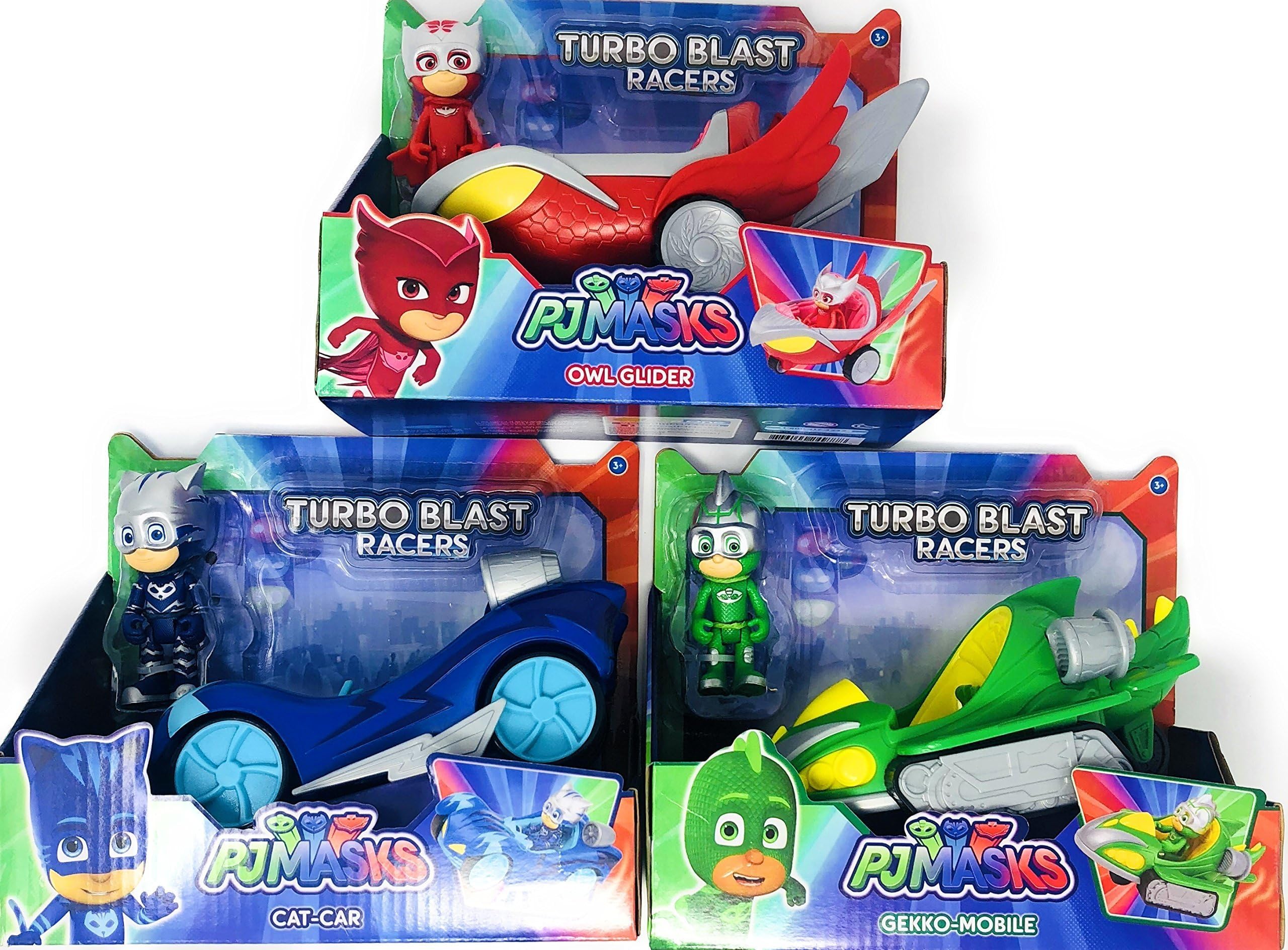 PJ Masks Turbo Blast Racers 3 Mobile Vehicles Bundle CAT CAR, OWL Glider and Gekko Mobile
