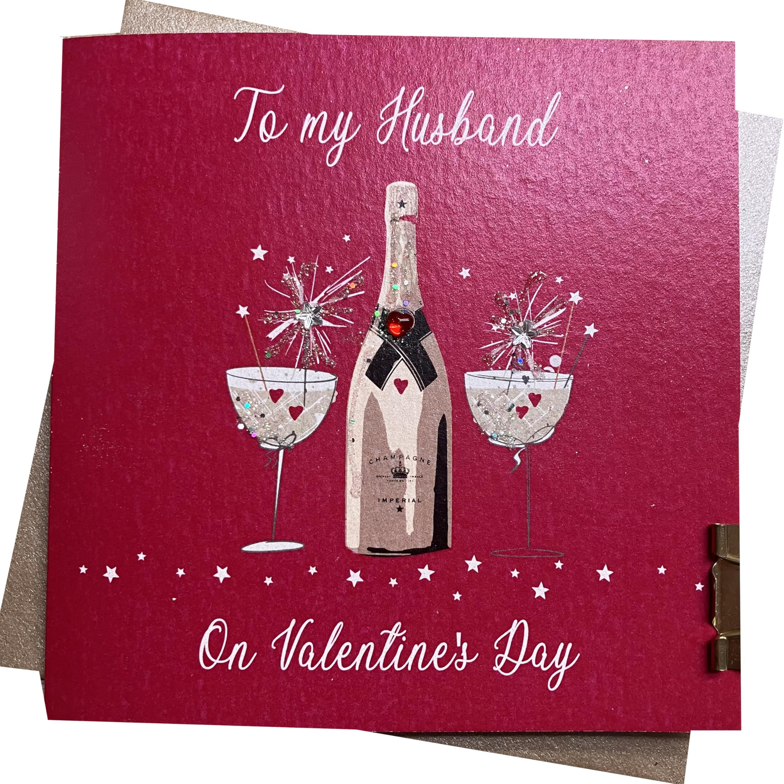 White Cotton Cards Champagne Flutes To My Husband On Valentine's Day Handmade Valentine's Day Card, White, V25-1