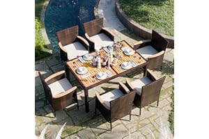 JAMFLY 7 Pieces Outdoor Patio Dining Set, Wicker Patio Furniture Set with Wood Table and 6 Chairs with Soft Cushions for Yard, Garden, Porch and Poolside (Brown)
