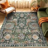 RUGSURE Washable Area Rugs - Perfect for Living Room, Bedroom, Kids Room, Nursery - Stain &amp; Water Resistant Non-Slip, Pet &amp; Child Friendly, Vintage Tribal Area Rugs (Green, 5' x 7')