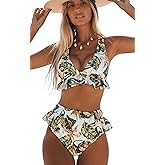 SPORLIKE Women High Waisted Swimsuit Ruffle V Neck Bikini Two Pieces Swimwear