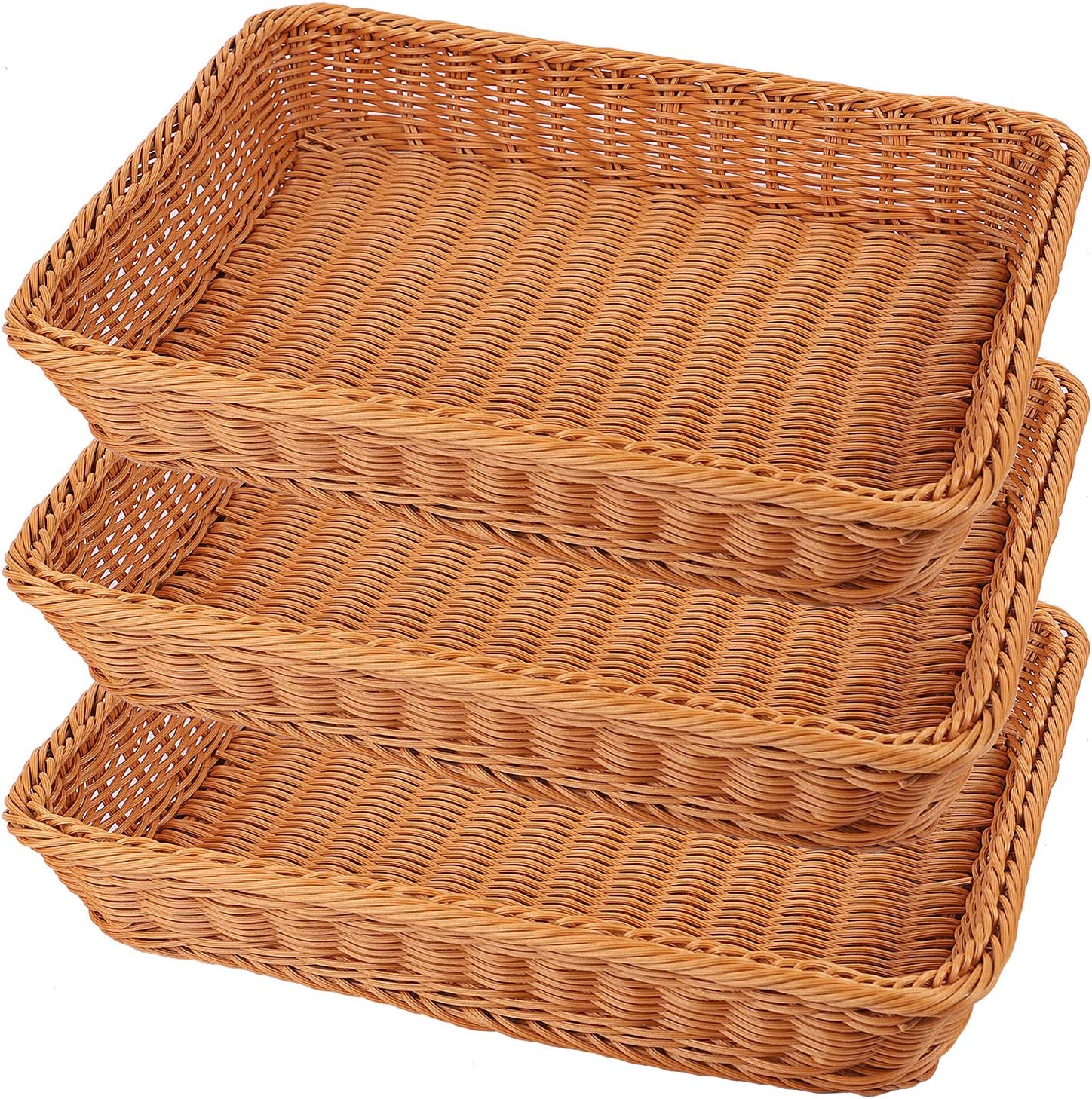 KEILEOHO 3 Packs 16 Inch Poly Wicker Bread Baskets, Handmade Woven Pantry Organizer, Tabletop Food Serving Baskets for Fruits, Vegetables and Snacks, Restaurant, Hotel Serving, Brown