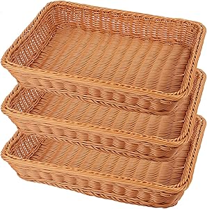 KEILEOHO 3 Packs 16 Inch Poly Wicker Bread Baskets, Handmade Woven Pantry Organizer, Tabletop Food Serving Baskets for Fruits, Vegetables and Snacks, Restaurant, Hotel Serving, Brown