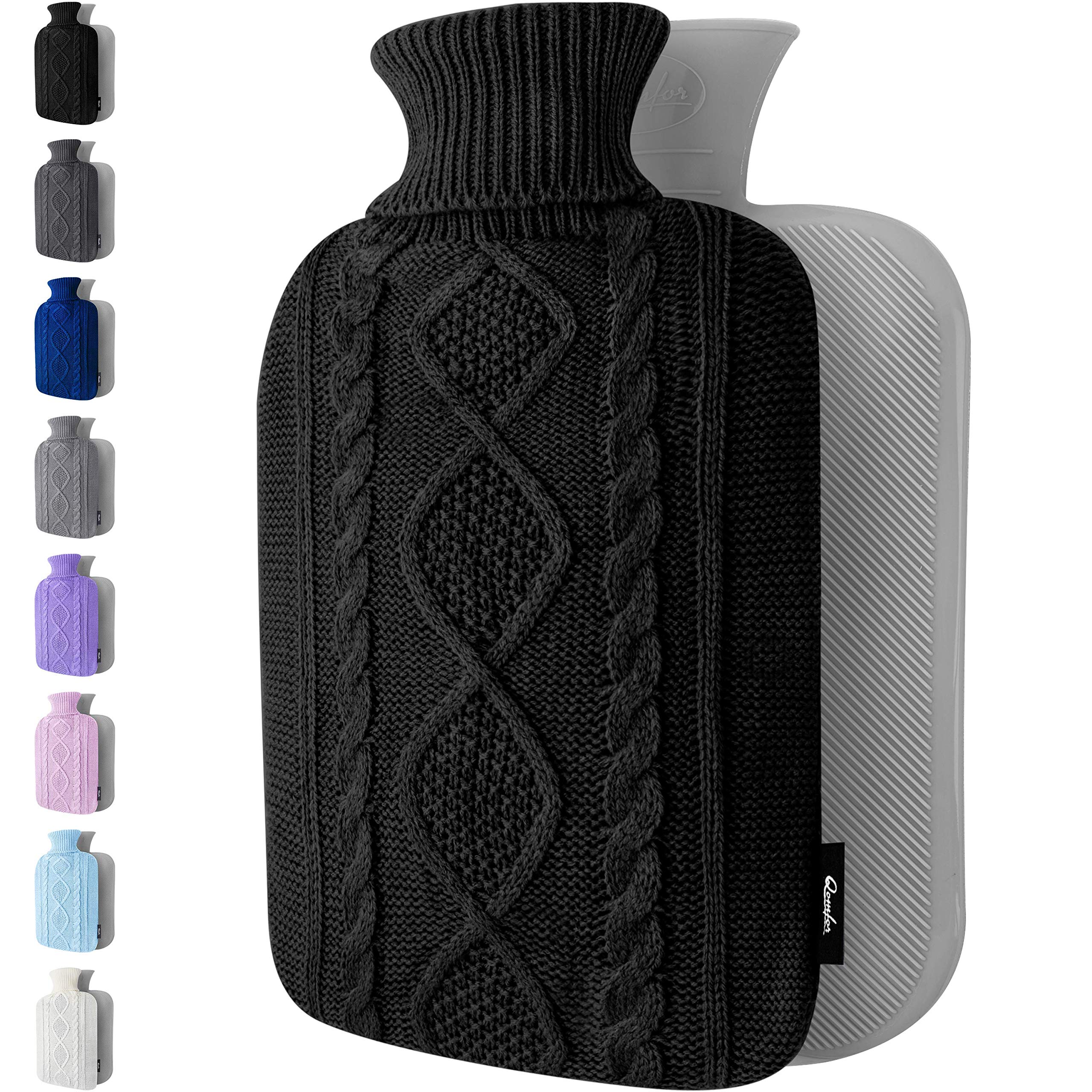 Hot Water Bottle - with Soft Premium Knitted Cover - Black, 2L - Heating Pad for Menstrual Cramps and Period Comfort - Bed Foot Warmer - Hot & Cold Compress for Back, Stomach, Neck Pain Relief