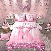 Erosebridal Initial K Twin Size Comforter Set with Sheets Girly Pink Bow 7-Piece Bedding Set Coquette Glitter Bow Bed in a Bag Alphabet Letter Teen Girl Bed Quilt Sets Preppy Monogrammed Gifts