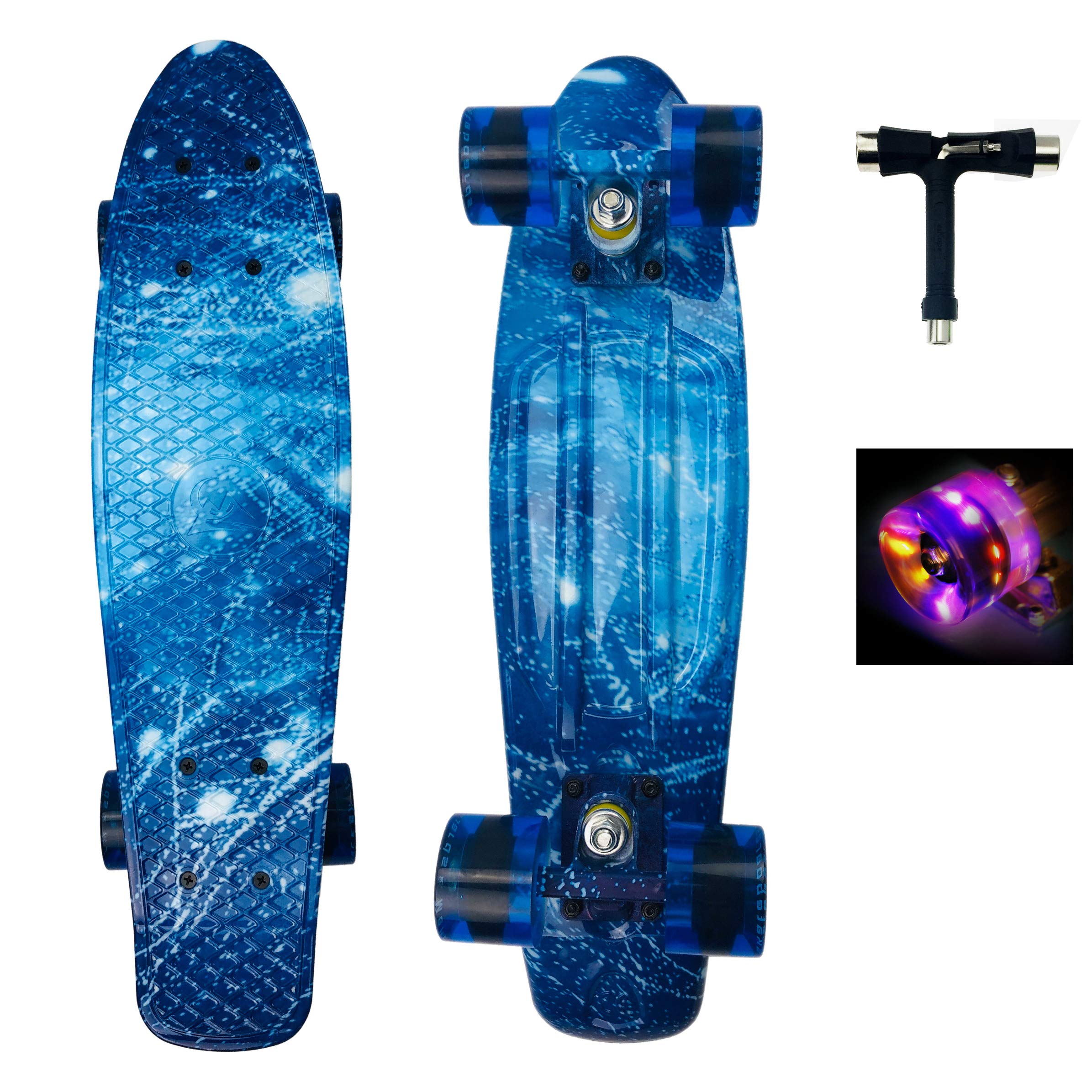 Sumeber Mini Cruiser Skateboard 22 Inch With Light Up Wheels - Complete for Kids, Beginners, Youths, Teens, Adults - All-in-One Skate T-Tool Included (Ocean)