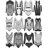 Geyoga 12 Pieces Women's Fishnet Lingerie Mesh Babydoll Bodysuit Lace Smock Lingerie for Women (Black,Simple Style)