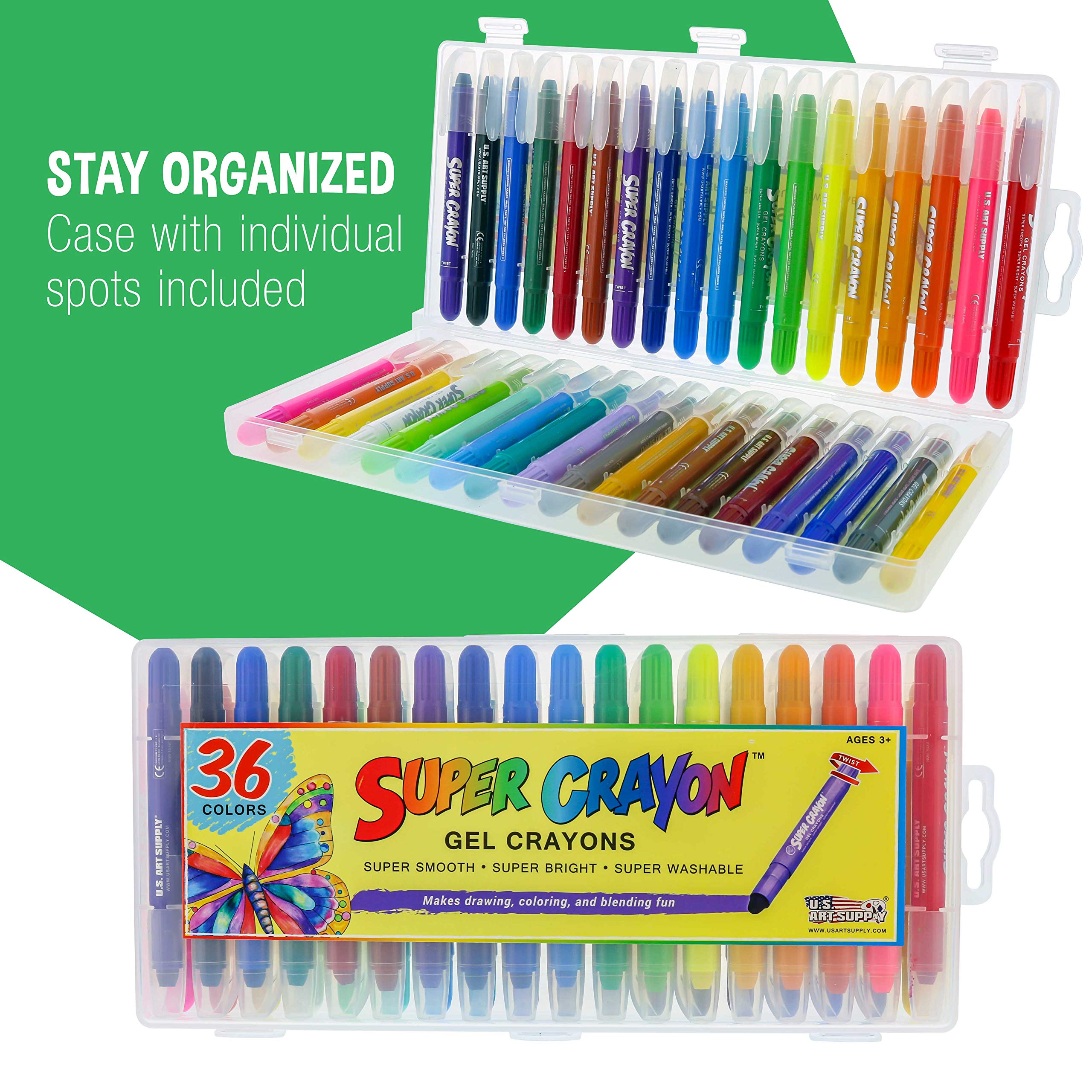 U.S. Art Supply Jumbo Twist Crayons for Toddlers Kids - Silky, Washable Gel Set of 36 Colors - Non Toxic Twist Up Easy Glide - Bright, Bendable, Blendable, Adult Coloring Books, Art Crafts